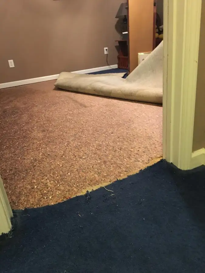 Carpet pad removal revealing water damage during Drying & Dehumidification in Monona